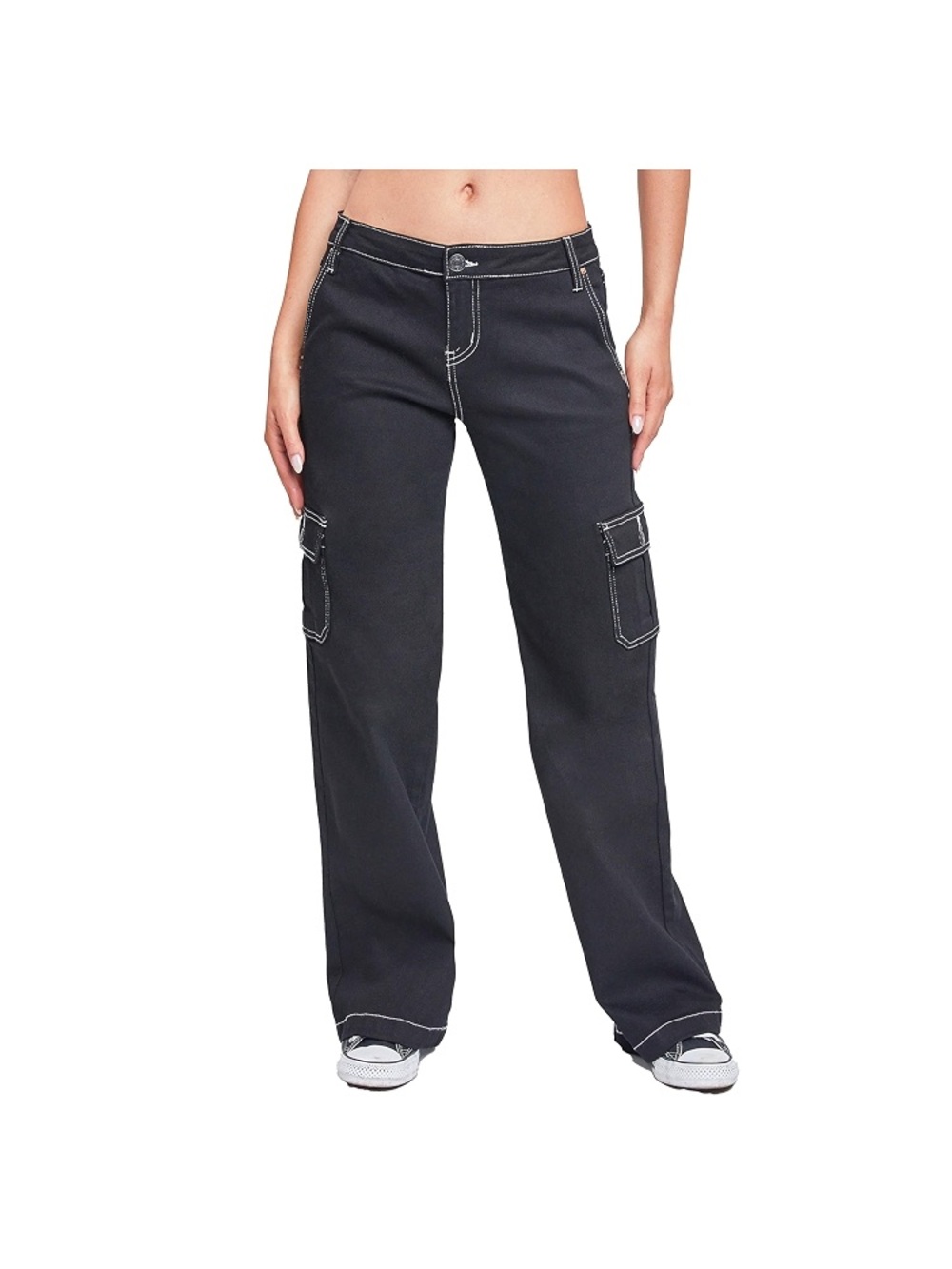 High-Rise Black Wide-Leg Cargo Jeans with Contrast Stitching